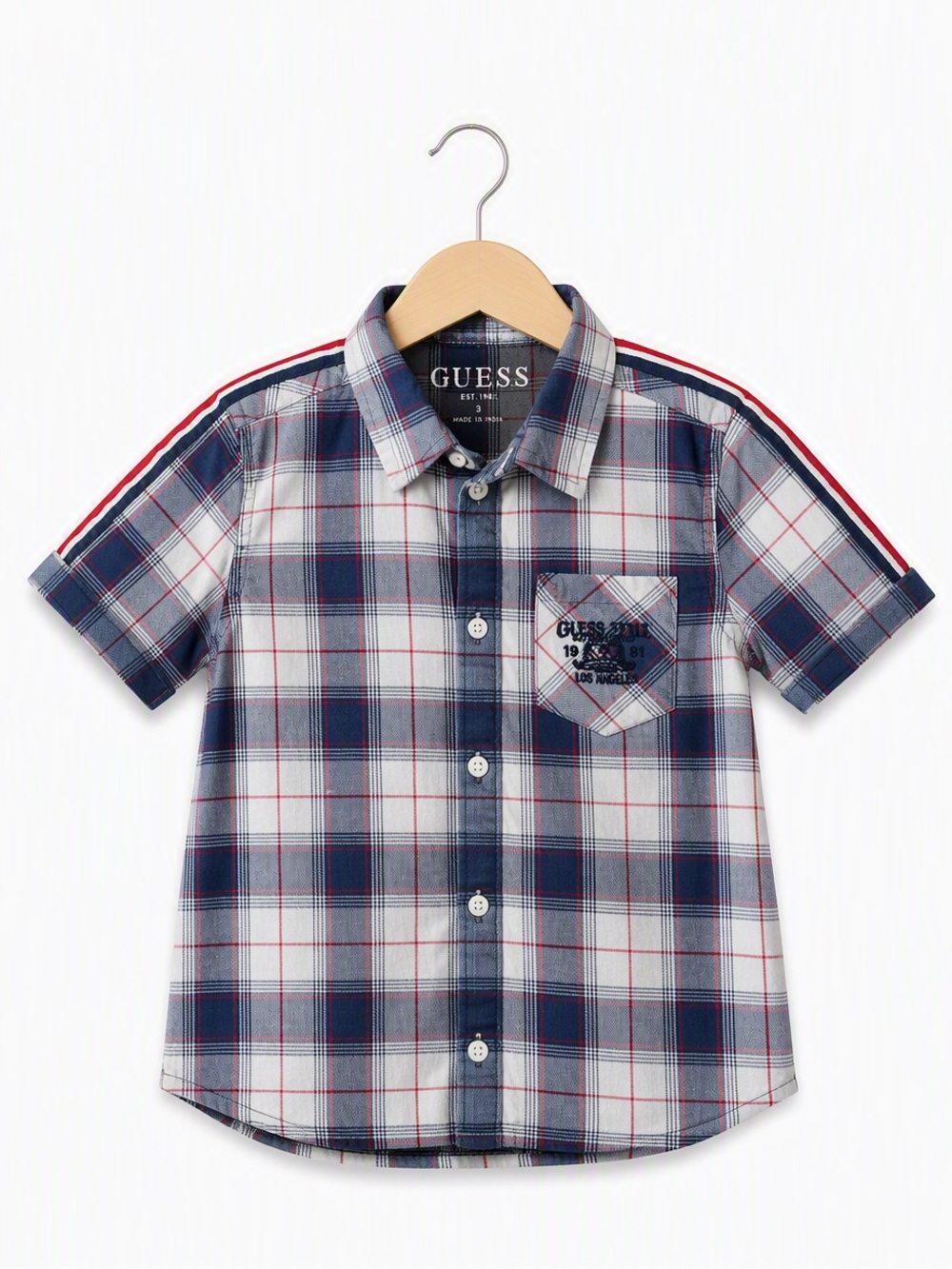 GUESS Kids Boys Plaid Short Sleeve Button Up Shirt Stripe Detail 3T Designer